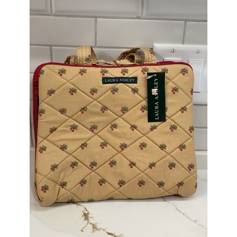 Laura Ashley Fold Up Travel Case Bag Tan Floral Quilted Zipper Clear Window New